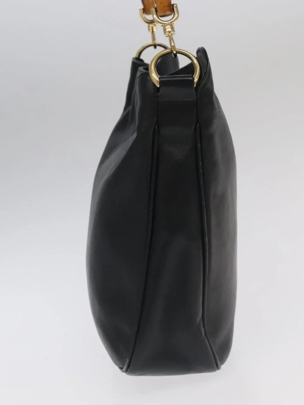 GUCCI Bamboo Hand Bag Leather 2way Black Gold 001 3754 1638 Auth ti2587